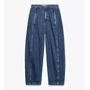 ZARA Z1975 HIGH-WAISTED DRAWSTRING JEANS. Mid-blue L $69.00 MSRP. Worn once.